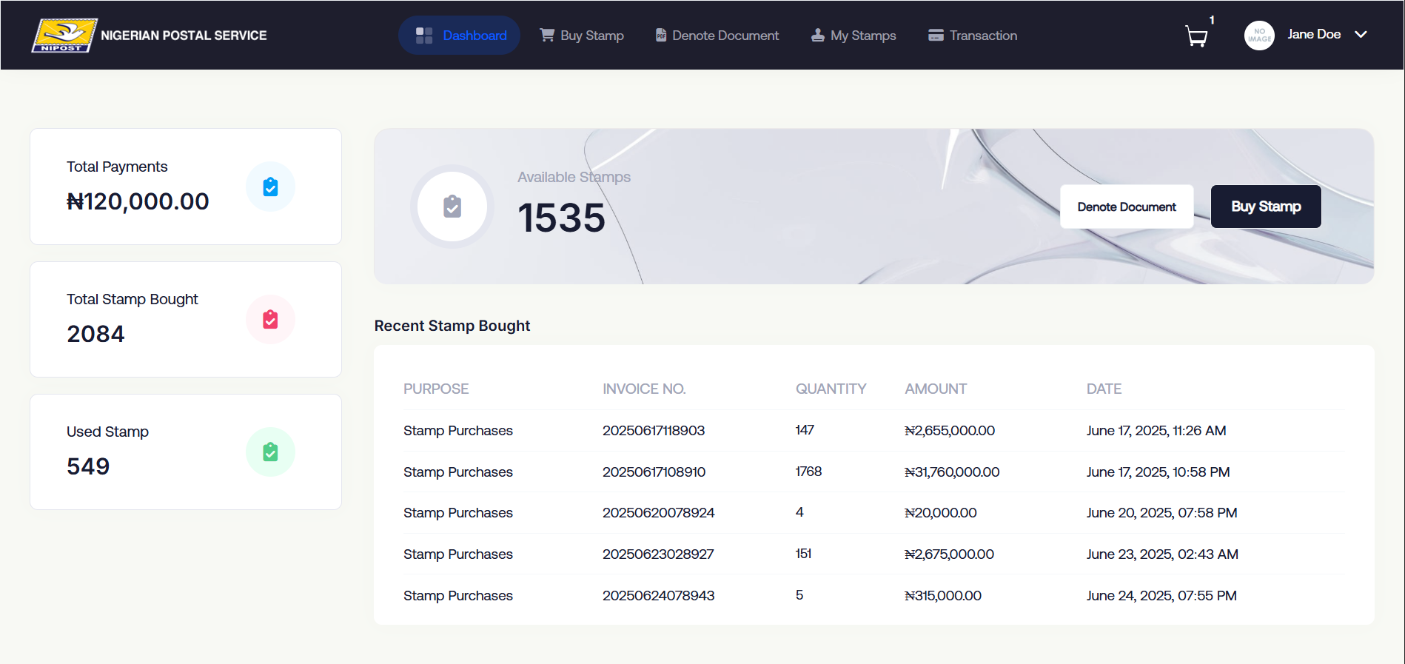Stamp Dashboard Interface